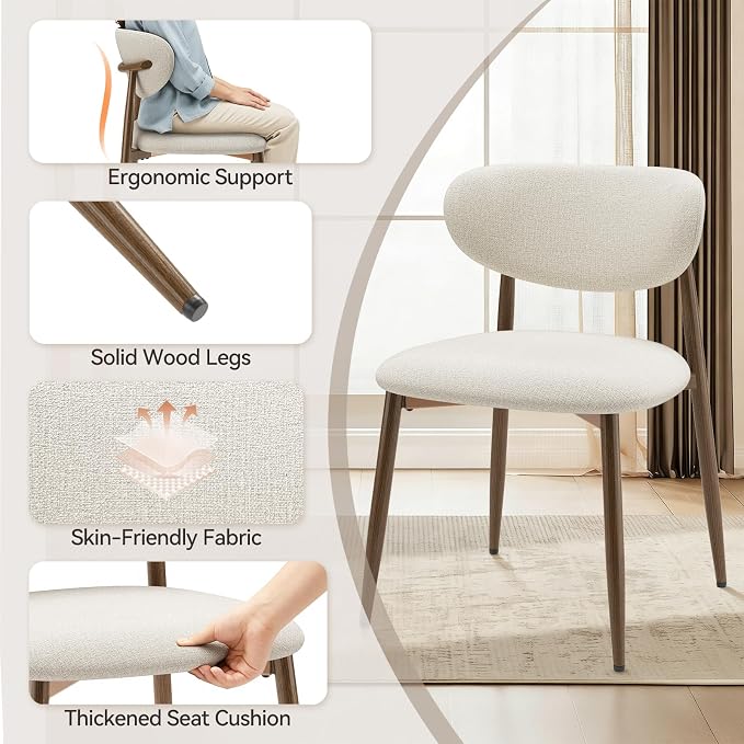 MALOL Dining Chairs Set of 2, Curved Back Kitchen Room Chairs with Metal Legs and Anti Slip Pads, Upholstered Dining Chair for Home and Restaurant, Beige
