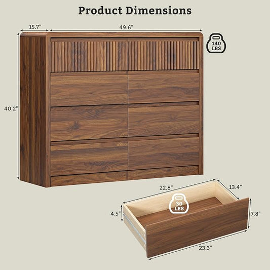 LYNSOM Walnut Fluted 8 Drawer Dresser, 50" Wide Wooden Chest of Drawers for Bedroom, Curved Profile Design, Mid Century Modern Dresser Storage Organizer Closet for Living Room, Hallway, Entryway