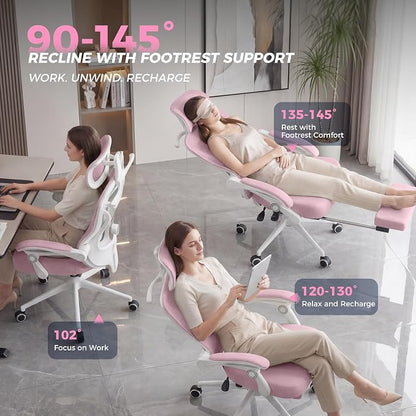 CYKOV Ergonomic Office Chair with Footrest - Adjustable Lumbar Support & Headrest, 90-135° Reclining Mesh Back Computer Chair - Home Office/Gaming, 350lbs Capacity