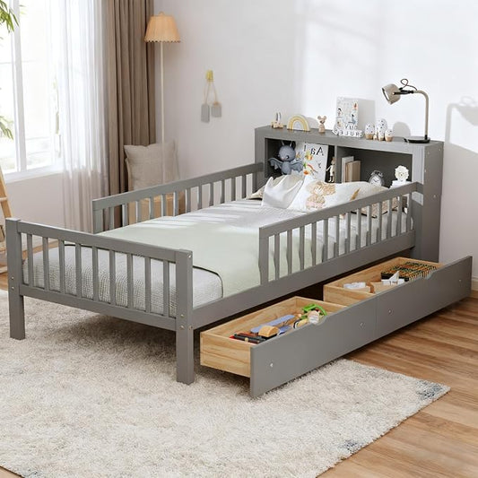 Bellemave Kids Twin Bed Frame with Fences, 2 Drawers & Storage Headboard, Twin Size Platform Bed with 3-Side Guardrails for Kids, Girls & Boys, Gray