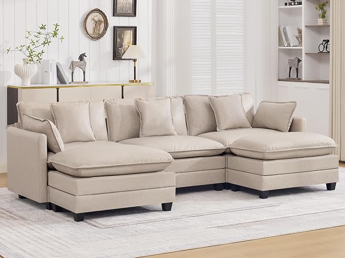 111'' Sectional Cloud Deep Seat Couch, Oversized Leather U Shaped Sectional Sofa for Living Room Set, Comfy Upholstered Modular 5-Seats Sectional Sofa Couch with 2 Movable Ottoman, Leather Beige