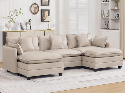 111'' Sectional Cloud Deep Seat Couch, Oversized Leather U Shaped Sectional Sofa for Living Room Set, Comfy Upholstered Modular 5-Seats Sectional Sofa Couch with 2 Movable Ottoman, Leather Beige
