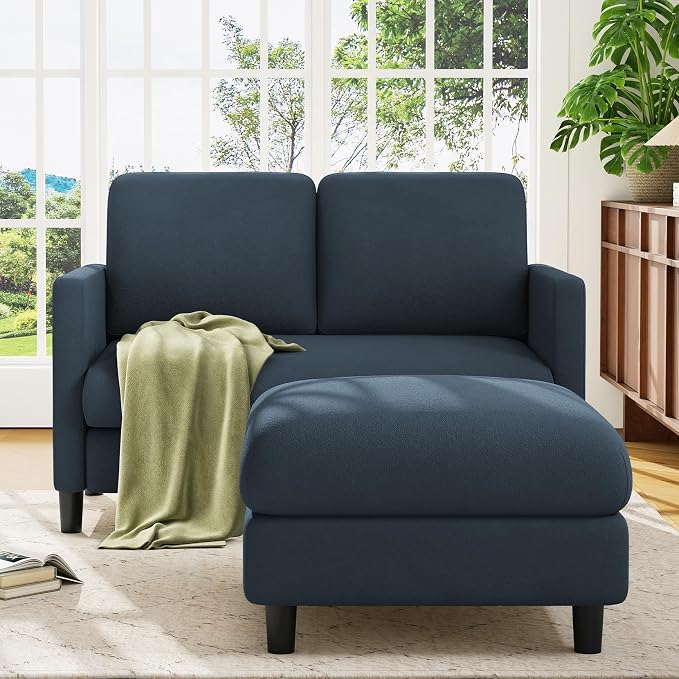 Welzona Loveseat, 51" Small L Shaped Couch, Comfy Teddy Love Seat with Ottoman Set, Tool-Free Setup Loveseat Sofa with Ottoman, All-Wood Small Sofa Couch for Bedroom, Couch for Living Room, Blue Grey