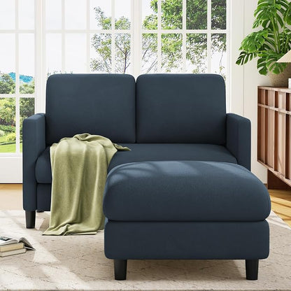 Welzona Loveseat, 51" Small L Shaped Couch, Comfy Teddy Love Seat with Ottoman Set, Tool-Free Setup Loveseat Sofa with Ottoman, All-Wood Small Sofa Couch for Bedroom, Couch for Living Room, Blue Grey