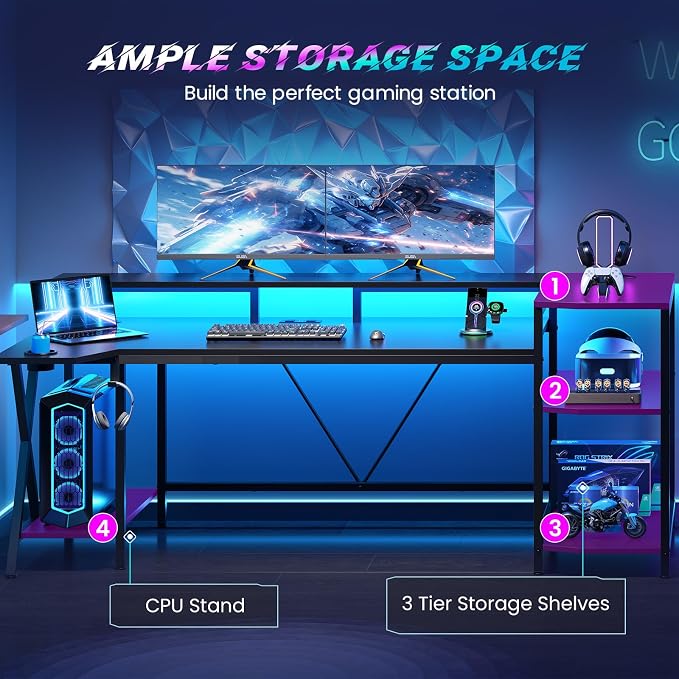 SEDETA Gaming Desk 70.8'' with LED Lights and Storage Shelves, Computer Desk with Monitor Stand, Power Outlets and Cup Holder, Large PC Gamer Desk, Gaming Table for Bedroom, Living Room, Black