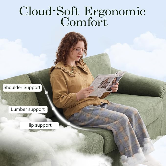 Boneless Couch Sets, Modern 3 Seater Sofa and Loveseat Sofa, Floor Cloud Couch Sets with Extra Comfy Soft Deep Seats for Living Room, Apartment, No Assemby, Set of 2, Green