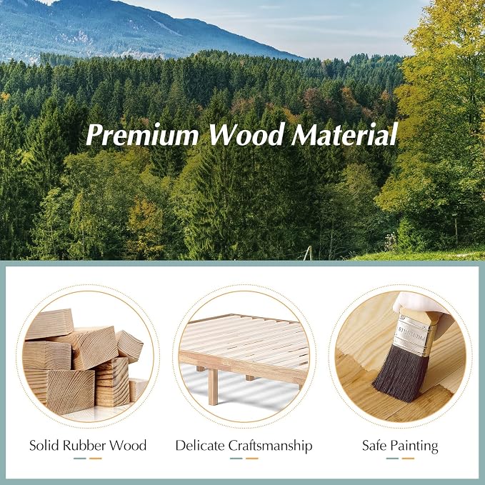 COSTWAY Queen Size Platform Bed Frame, 14 Inches Solid Rubber Wood Bed Mattress Foundation with Sturdy Slats Support, Easy Assembly Bed Frame for Home Hotel, No Box Spring Needed (Natural, Queen)