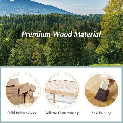 COSTWAY Queen Size Platform Bed Frame, 14 Inches Solid Rubber Wood Bed Mattress Foundation with Sturdy Slats Support, Easy Assembly Bed Frame for Home Hotel, No Box Spring Needed (Natural, Queen)