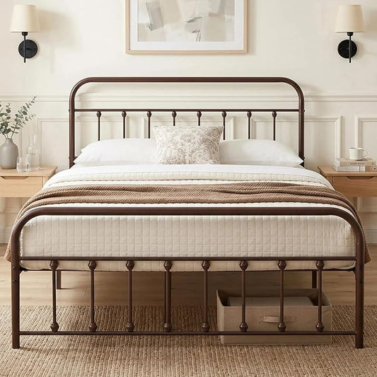 VECELO Purple Bronze Victorian Style Metal Bed Frame with Headboard/Mattress Foundation/No Box Spring Needed/Under Bed Storage and Strong Slat Support Queen Size