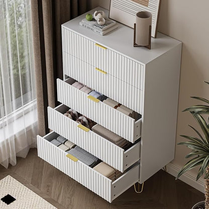 MAISONARIA 5 Drawers Dresser for Bedroom, 47" Tall Modern Chest of Drawers with Gold Handle, Fluted Wood Dresser for Bedroom, Living Room, Hallway, Entryway, White