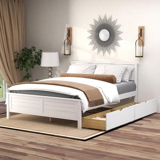GOFLAME Full Size Bed Frame with 2 Drawers, Platform Bed with Solid Wood Headboard & Footboard, Wood Slats Support Mattress Foundation, Under Bed Storage, No Box Spring Needed, Easy Assembly, White
