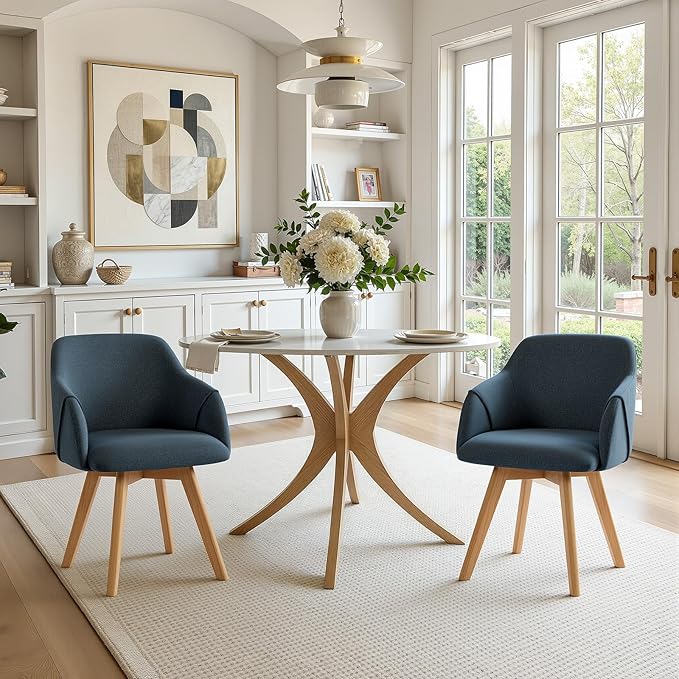 Swivel Dining Chairs Set of 2, Mid Century Modern Dining Chairs with Arms and Wood Legs, Linen Fabric Upholstered Kitchen Chairs for Dining Room Living Room, Comfortable Widen Seat, Blue