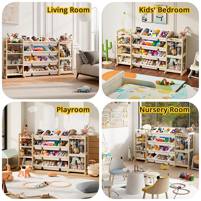 Large Kids Toy Storage Organizer - Toy Organizers and Storage with Stuffed Animal Storage, Solid Wood Toy Storage Shelf with 12 Plastic Bins, 4-Tier Bookshelf for Kids Room, Playroom, Bedroom, 59 inch