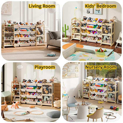 Large Kids Toy Storage Organizer - Toy Organizers and Storage with Stuffed Animal Storage, Solid Wood Toy Storage Shelf with 12 Plastic Bins, 4-Tier Bookshelf for Kids Room, Playroom, Bedroom, 59 inch