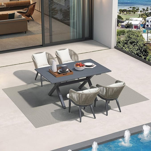 PURPLE LEAF 5 Pieces Patio Dining Set Wicker Outdoor Furniture Rectangular Table and Chairs Set for Garden Deck Aluminum Frame Backyard Kitchen Set, Cushions and Pillows Included Taupe