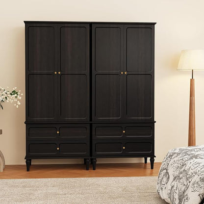 HLR 71" Mid-Century Modern Armoire Wardrobe Closet with Doors and Drawers,Wooden Armoire Storage Cabinet with Hanging Rod for Bedroom,Large Capacity Storage,Black