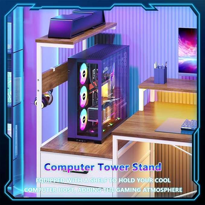 YOMILUVE L Shaped Gaming Desk with Drawers & Storage Shelves, White Gaming Desk with Power Outlets & LED Light, Reversible Computer Desk with Monitor Stand & Hooks, Brown and White