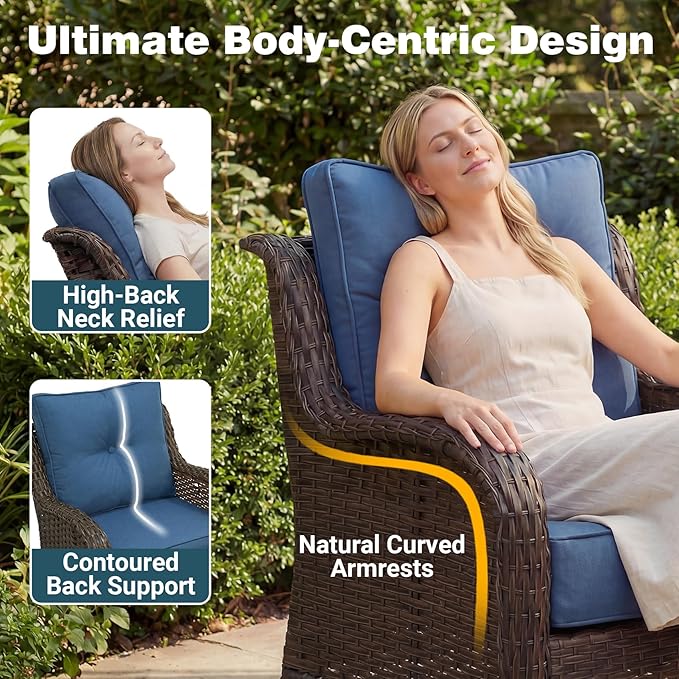 Patio Furniture Set, 10PCS Outdoor Wicker Conversation Set with 6" Thick Cushions, High Back Rattan Sofa & Swivel Rocker Chairs, Weather Resistant Olefin Fabric for Garden, Poolside, Navy Blue
