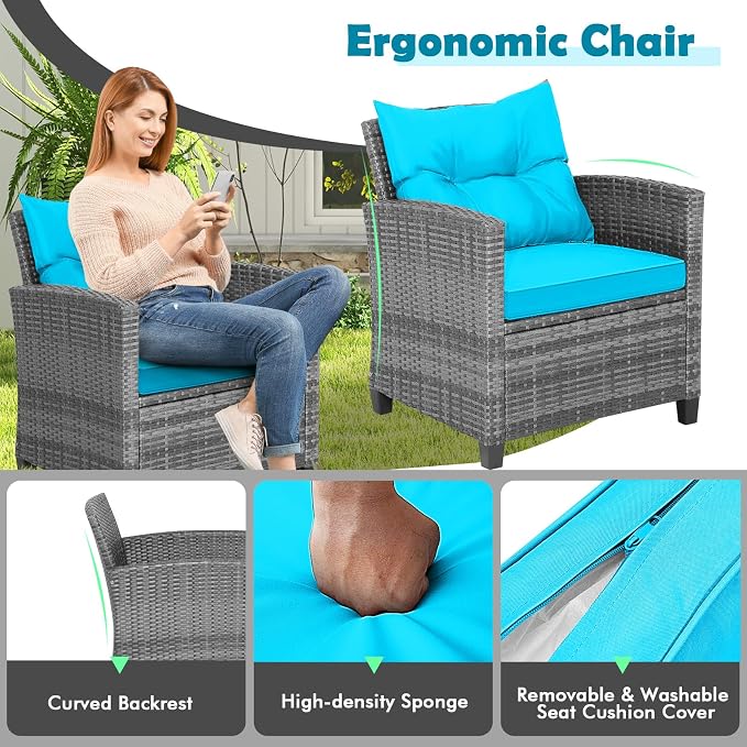 COSTWAY 3PCS Patio Furniture Set, PE Rattan Wicker Sofa w/Washable Cushion and Coffee Table, Tempered Glass Tabletop, Outdoor Conversation Set for Balcony, Porch, Yard, Backyard, Lawn, Turquoise