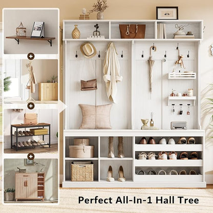 iPormis 70“ Large Hall Tree with Bench and Adjustable Shoe Storage, 6-in-1 Farmhouse Entryway Bench w/Coat Rack, Top Storage, Small Shelves for Entryway, Living Room, Led Lights, White