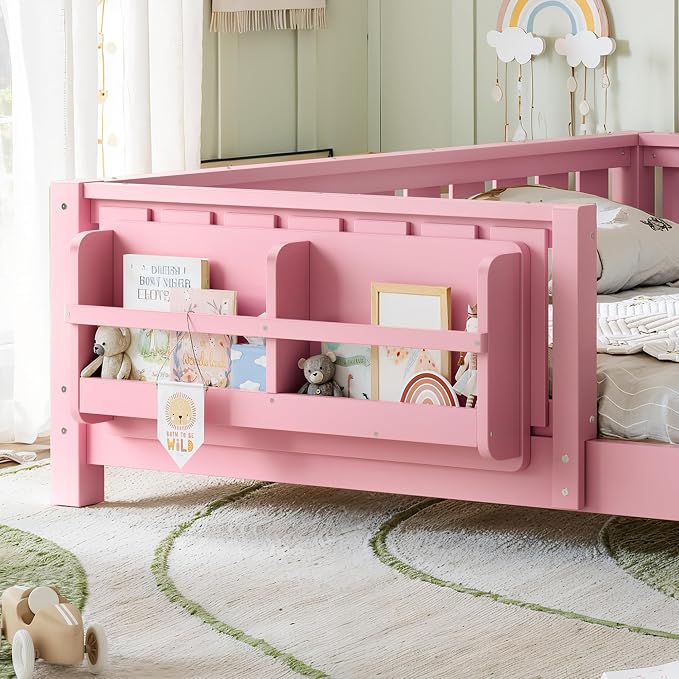 Bellemave Queen Size Floor Bed with Slats and Safety Guardrail, Queen Size Montessori Floor Bed with Fence and Built-in Bookshelf, Easy Assemble Montessori Beds for Girls, Boys, Pink
