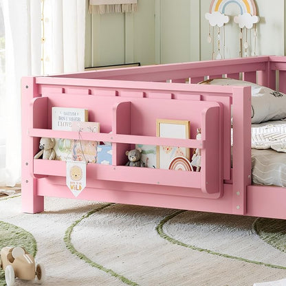 Bellemave Queen Size Floor Bed with Slats and Safety Guardrail, Queen Size Montessori Floor Bed with Fence and Built-in Bookshelf, Easy Assemble Montessori Beds for Girls, Boys, Pink