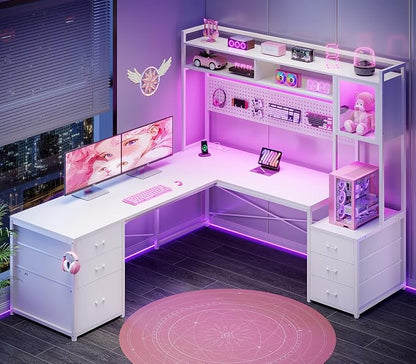SEDETA L Shaped Gaming Desk with Drawers, Reversible Computer Corner Desk with File Drawer, Hutch, Storage Shelves for Home Office, Gaming Two Person Desk with Led Lights, Power Outlet, White