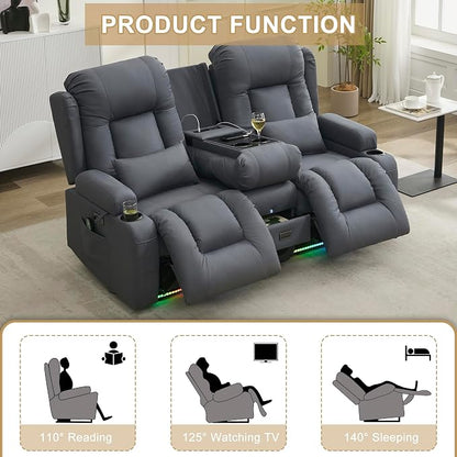 URRED Power Loveseat Recliner Sofa with Massage and Heat, Wall Hugger Reclining Loveseat with Console, RV Couch Home Theater Seating with LED Lights for Living Room (Blue Grey, 67" - 2 Seats)
