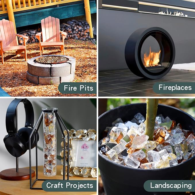 Onlyfire 10 Pounds Blended Reflective Fire Glass for Fire Pit Fireplace and Landscaping, 1/2 Inch Mixed Colored High Luster Fireglass Rocks for Outdoor and Indoor Use - Gold+Platinum+Copper