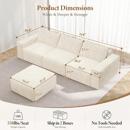 Vesgantti 114" Modular Boneless Couch, Modern 4 Sester Sectional Sofa with Deep Seat, Convertible Chenille L Shaped Cloud Couches for Living Room, No Assembly Required, Beige
