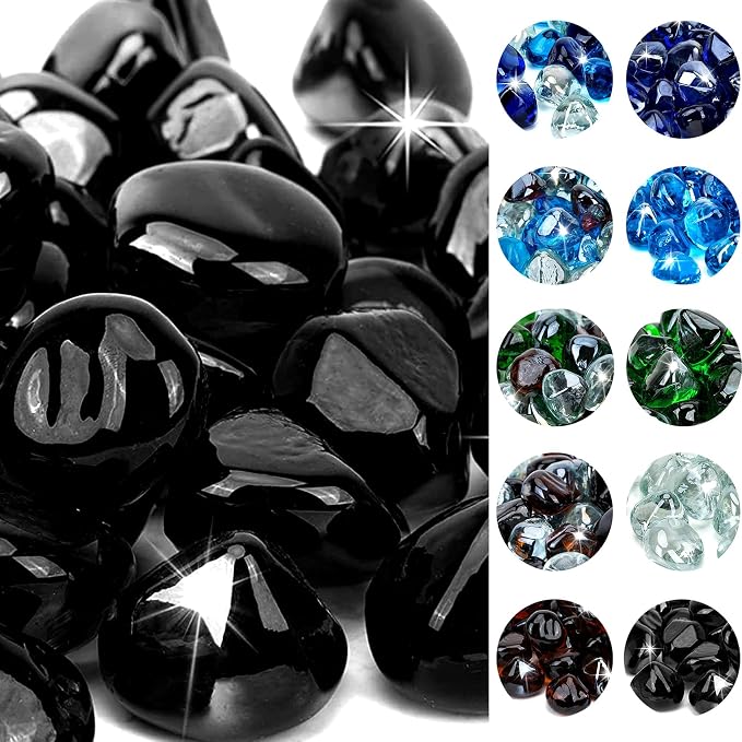 Onlyfire 10 lbs Fire Glass Diamonds 1 Inch, Reflective Fire Pit Glass Rocks for Propane & Natural Gas Fireplace, High Luster Multi-Faceted Stones, Onyx Black (Multicolor & Blends Available)