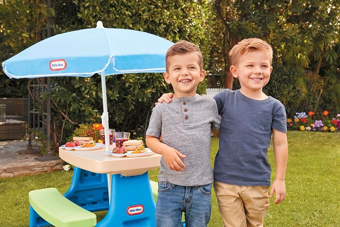 Little Tikes Easy Store Jr. Picnic Table with Umbrella - Blue / Green, 27.25''L x 27.00''W x 18.25''H