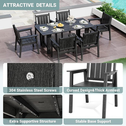 Pamapic 7 PCS Outdoor Dining Set, Spacious HDPE Outdoor Table and Chairs, Wood Grain Patio Furniture Sets with Elegant Armrest, All-Weather Patio Dining Table with Umbrella Hole, Black