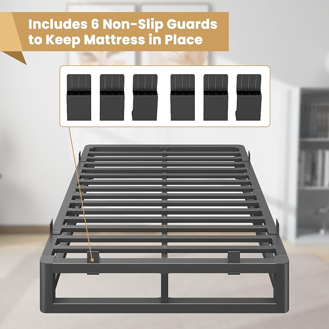 10 Inch Full Size Bed Frame with Rounded Corner and Squeak Free U-Slot Design, Metal Platform Bed Frames 6 Non-Slip Guards, 3500lbs Heavy Duty Steel Slat Support, No Box Spring Needed, Black