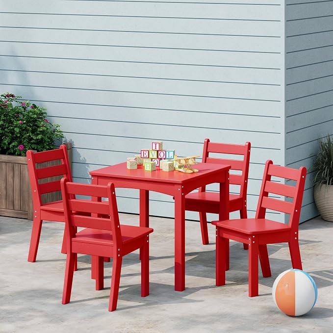 Costaelm Kids Table and 4 Chair Set, Activity Table Chair Set, Toddler Game, Playroom Furniture, Picnic Table Chairs, 5 Piece Dining Table Set, Red