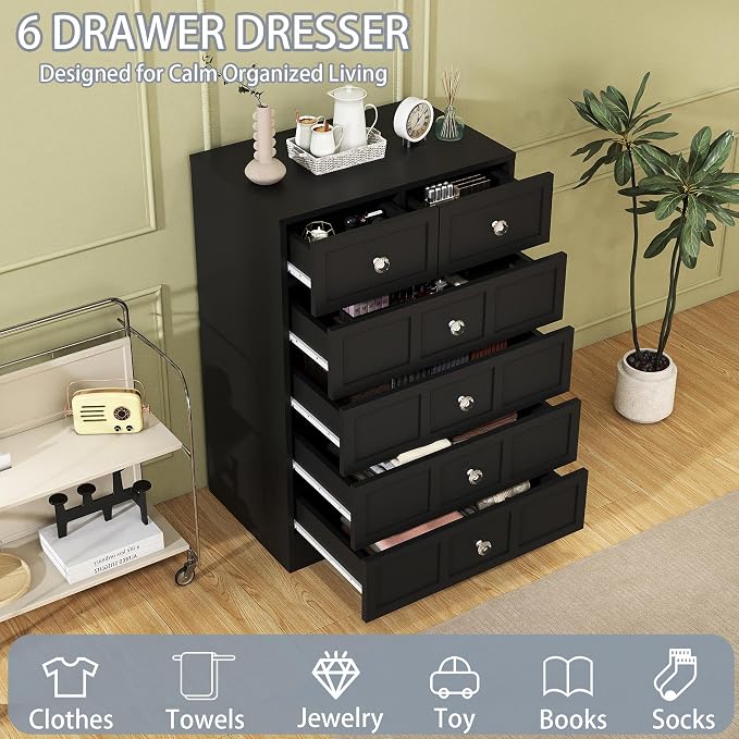 6 Drawer Dresser for Bedroom: 24" Black Wide Tall Dressers for Bedroom, Modern Fluted Dresser with Deep Drawers, Wooden Chest of Drawers for Living Room