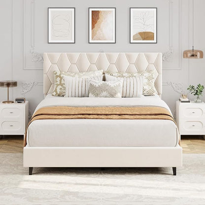 GAOMON Beige Queen Bed Frame with Upholstered Headboard, Heavy-Duty Platform Bed Frame with Strong Wood Slats, No Box Spring Needed/Noise Free/Easy Assembly