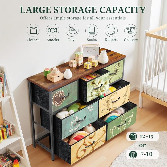 7-Drawer Dresser for Bedroom, Anti-Tip Wide Storage Organizer Fabric Chest of Drawers TV Stand for 45" TV with Wooden Top and Metal Frame for Closet, Living Room, Hallway, Entryway, Floral Painted