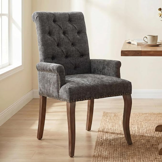 Upholstered Dining Chairs with Arms, Gray, 1 Pack | Tufted Chenille Kitchen Chairs with Arms, Modern Farmhouse Armchair with Nailhead Trim for Dining Room, Home Office