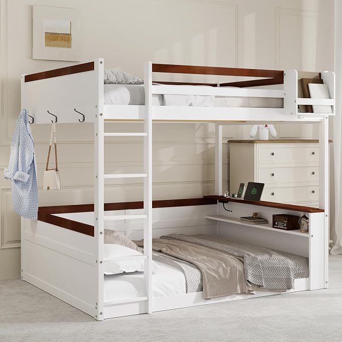 RUNNA Queen Bunk Bed with Shelves,Storage Box,LED,USB Charging,White | Queen bunk bed with shelves, storage box,LED light,USB charging, solid wood frame,guardrails,no box spring needed,white