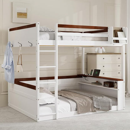 RUNNA Queen Bunk Bed with Shelves,Storage Box,LED,USB Charging,White | Queen bunk bed with shelves, storage box,LED light,USB charging, solid wood frame,guardrails,no box spring needed,white