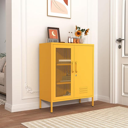 Locking Steel Storage Cabinet Shoe Cabinet for Living Room Bathroom Kitchen Left Wire Mesh Door Right Iron Door Yellow Size：33" H x 29.5" W x 13.8" D