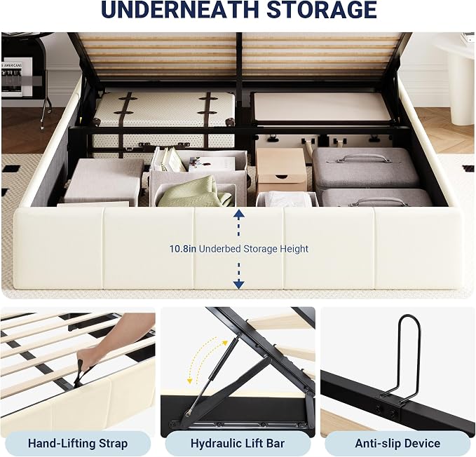 Allewie Queen Size Velvet Lift Up Storage Bed Frame, Vertical Channel Tufted Headboard, Hydrualic Underneath Storage, Upholstered Platform Bed, Wooden Slats Support, No Box Spring Needed, Cream