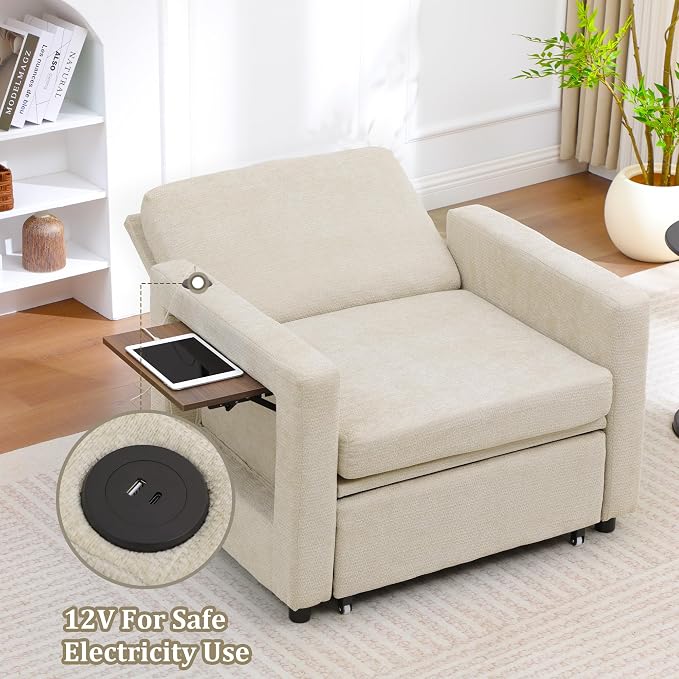 3 in 1 Folding Convertible Sleeper Sofa Bed Pull Out Couch with Side Pockets USB Port Side Table Single Sofa Bed with Adjustable Backrest for Living Room Bedroom 66" 66" Lightbrown 1 SEAT