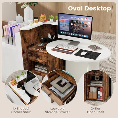 Reception Desk, Retail Checkout Counter w/Lockable Drawer & Open Shelves, Computer Workstation, Small Front Desk Reception Counter for Company Lobby Store Salon Office (White & Rustic Brown)
