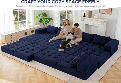 MAXYOYO Modular Sectional Sofa Couch, Foldable U Shaped Cloud Couch with Pillows, Tufted 7-Seat Boneless Lounger Floor Sofa Bed for Living Room, No Assembly Required, Navy