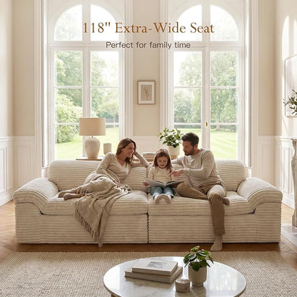 Vesgantti 118" Boneless Couches for Living Room, Cloud Sectional Couch & Deep Seat, 3 Seater Comfy Corduroy Modular Sofa, Modern Slouch Couch, No Assembly Required, Beige