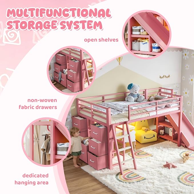 Bellemave Twin Loft Bed with Slide & Ladder, Metal Kids Loft Bed with Storage Drawers & LED Lights, Low Loft Bed Twin Size with Wood Wardrobe & Bookcase, Loft Bed for Kids Teens, Pink