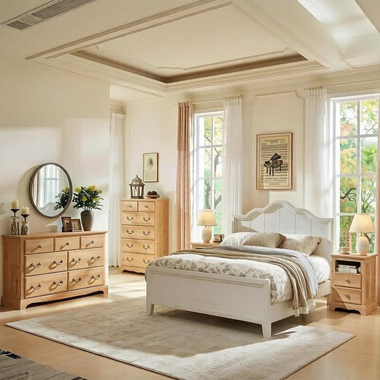 T4TREAM Farmhouse Dresser and Nightstand Sets of 3, 48" Tall 6 Drawers Dresser & 2-Drawer Nightstands Set, Wood Bedroom Furniture Set for Home, Hallway, Bedroom, Natural Oak