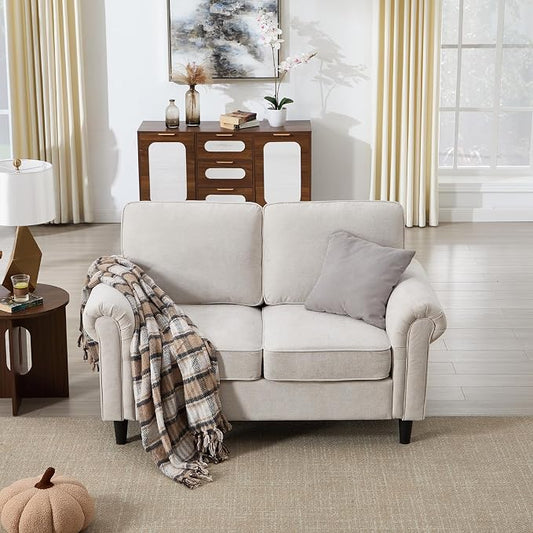 Kingfun Loveseat 2 Seater Couch, Mid Century Modern Chenille Sofa with Rolled Arms and Deep Seats, Fluffy Comfort for Living Room, Apartment, Easy Assembly, Beige